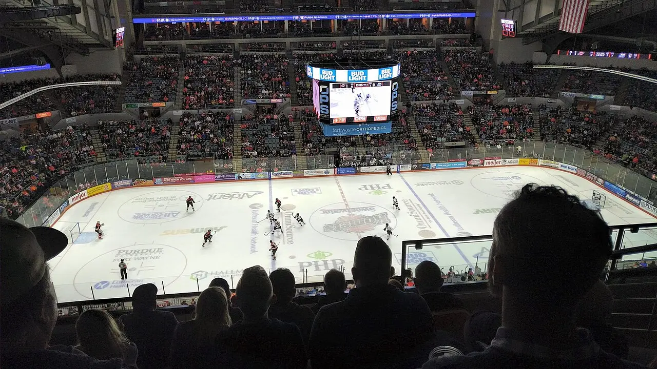 Hockey game inside Allen County War Memorial Coliseum, seen from the stands.