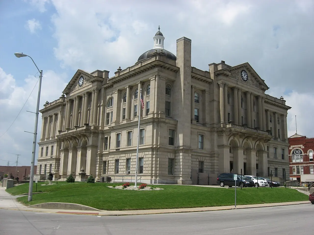 Huntington County Courthouse and square, photographed from the southeast in May 2012.