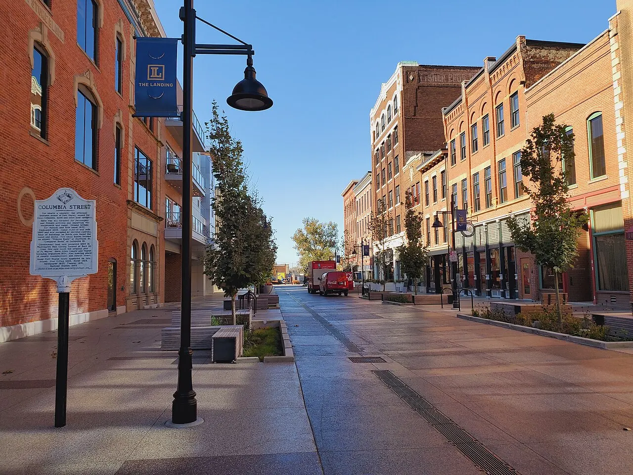 Historic brick storefronts along The Landing in downtown Fort Wayne.
