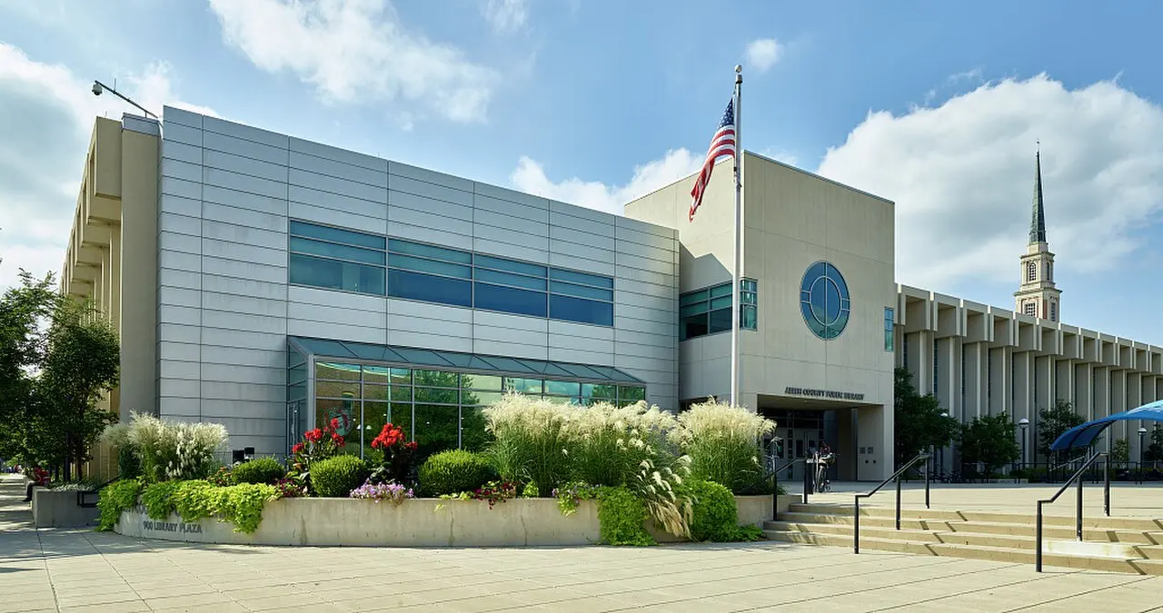 Allen County Public Library Main Library exterior and landscaped garden.