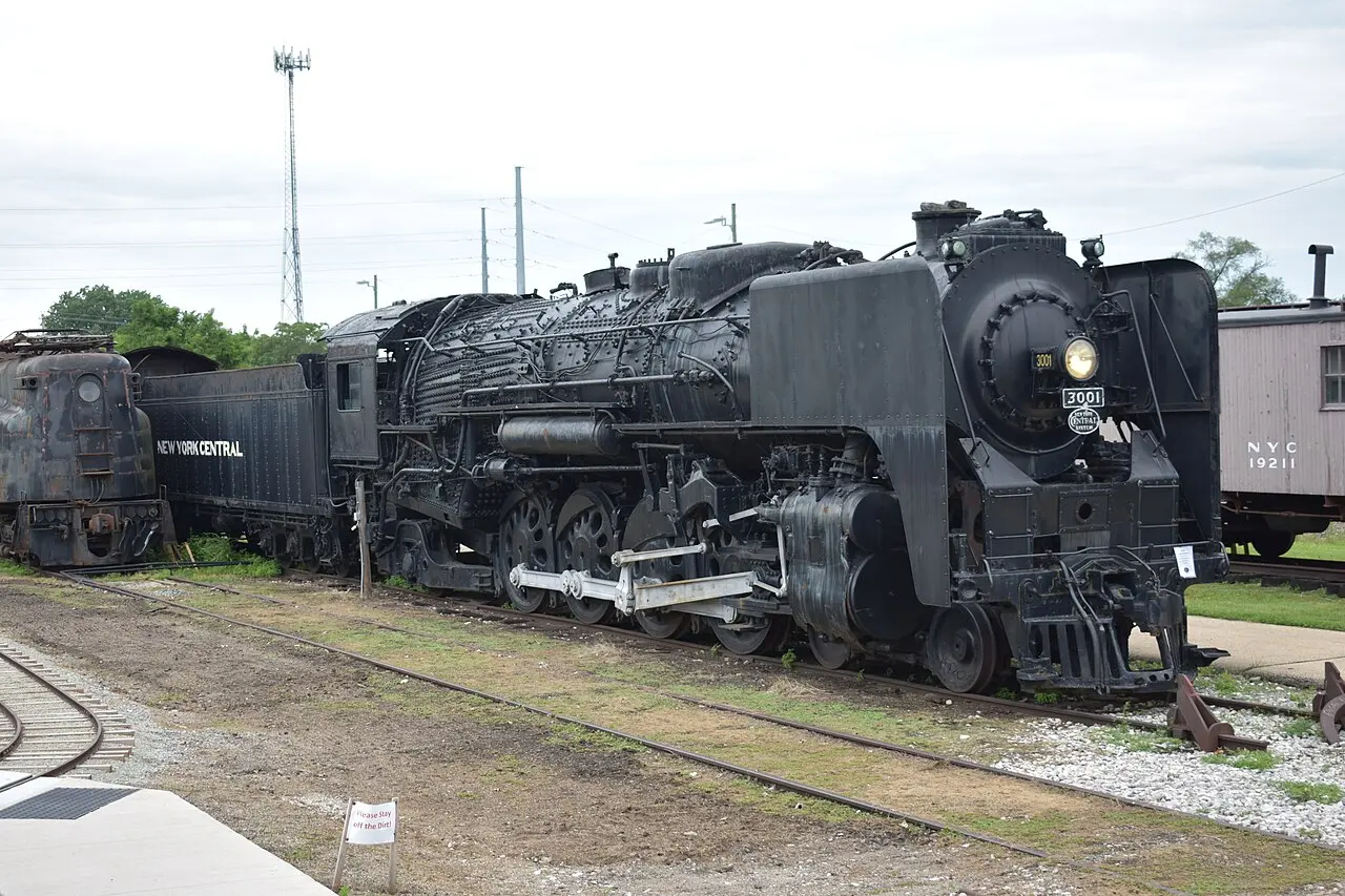 New York Central locomotive No. 3001 on display in Elkhart in June 2025.