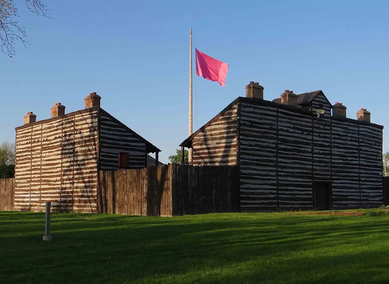 Log buildings and stockade at the Old Fort in Fort Wayne, photographed in 2014.