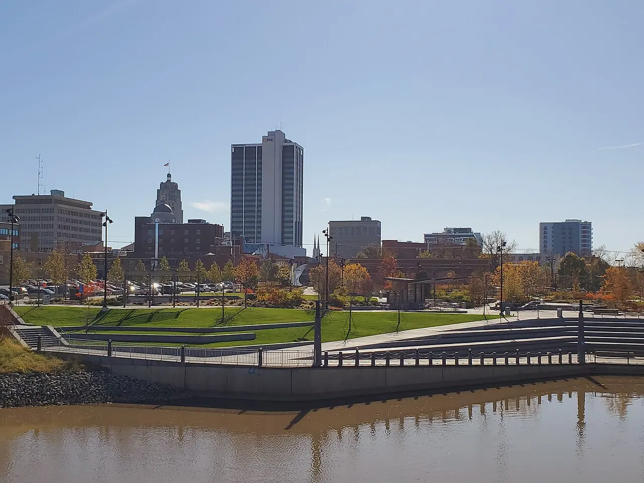 Riverfront park and downtown Fort Wayne across the St. Marys River.