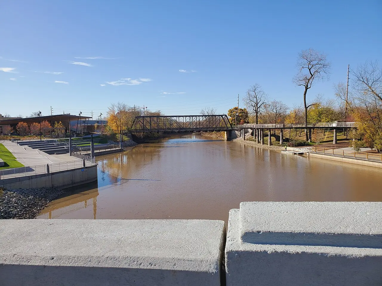 St. Marys River looking toward the Wells Street Bridge from Promenade Park.